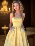 A-Line/Princess Strapless Sleeveless Sweep/Brush Train Beading Satin Dresses Prom Evening Dress