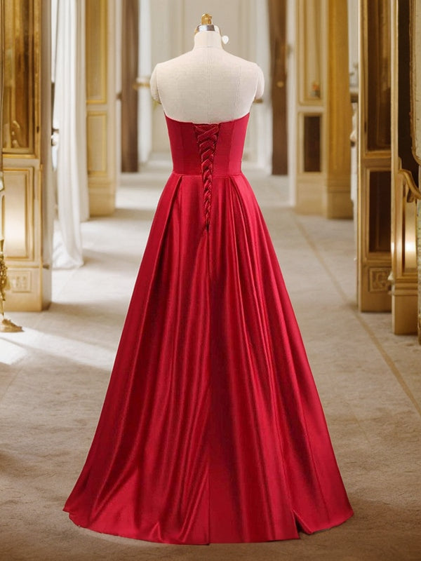 A-Line/Princess Strapless Sleeveless Sweep/Brush Train Beading Satin Dresses Prom Evening Dress