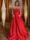 A-Line/Princess Strapless Sleeveless Sweep/Brush Train Beading Satin Dresses Prom Evening Dress