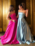 A-Line/Princess Strapless Sleeveless Sweep/Brush Train Beading Satin Dresses Prom Evening Dress