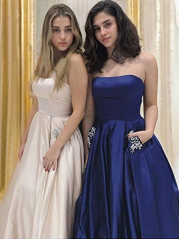 A-Line/Princess Strapless Sleeveless Sweep/Brush Train Beading Satin Dresses Prom Evening Dress