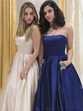 A-Line/Princess Strapless Sleeveless Sweep/Brush Train Beading Satin Dresses Prom Evening Dress