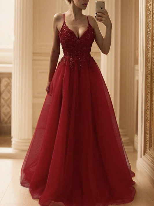 Vestido de noche de graduación con corte A/princesa, tirantes finos, sin mangas, largo hasta el suelo, apliques de tul