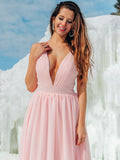 Vestido de noche de graduación con corte A/princesa, tirantes finos, volantes, gasa, sin mangas y largo hasta el suelo