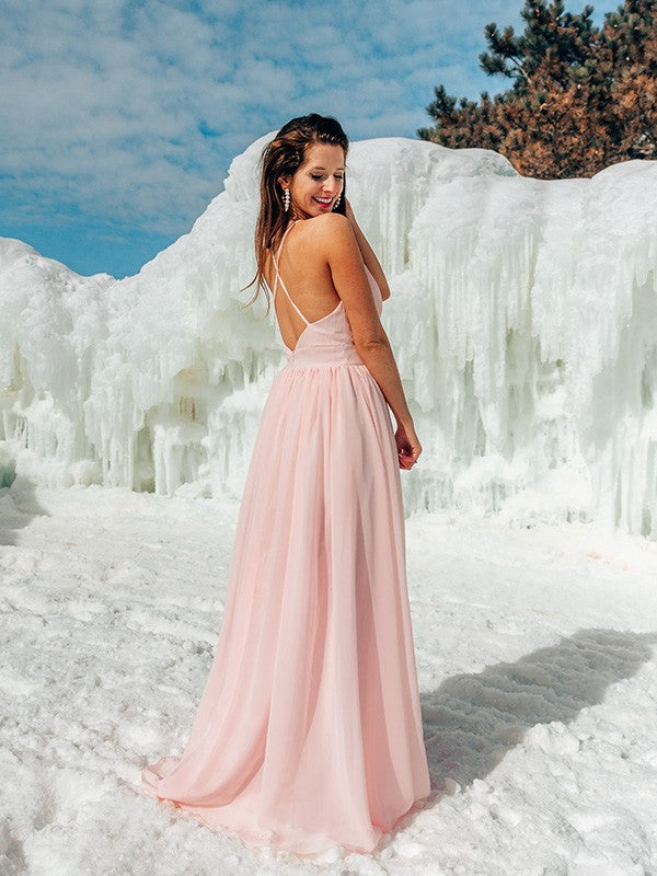 Vestido de noche de graduación con corte A/princesa, tirantes finos, volantes, gasa, sin mangas y largo hasta el suelo