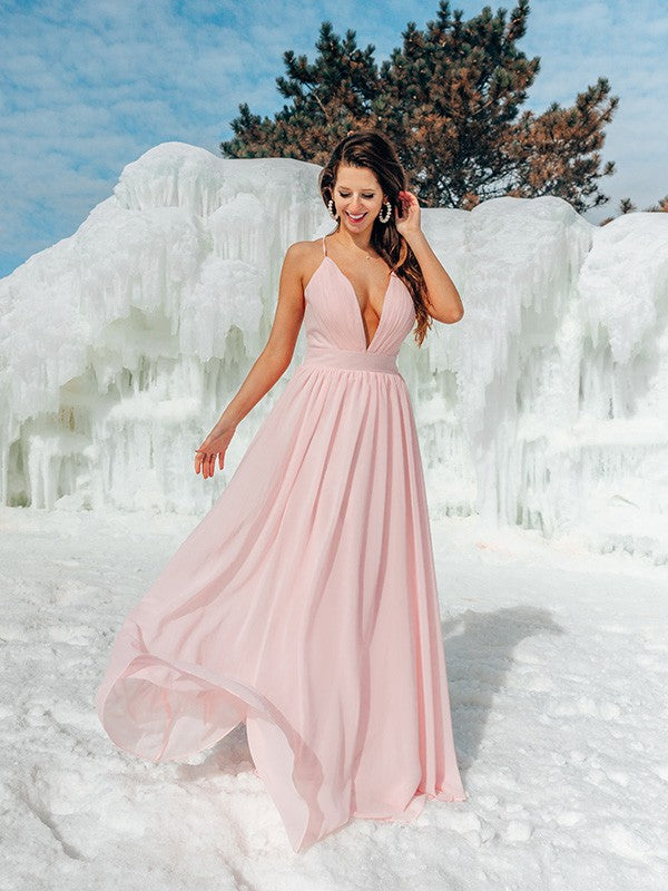 Vestido de noche de graduación con corte A/princesa, tirantes finos, volantes, gasa, sin mangas y largo hasta el suelo
