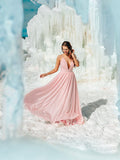 Vestido de noche de graduación con corte A/princesa, tirantes finos, volantes, gasa, sin mangas y largo hasta el suelo