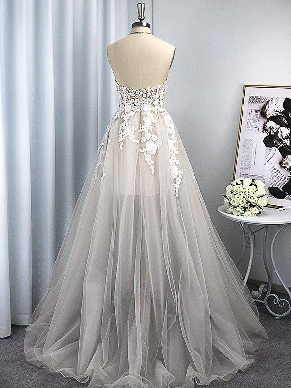 A-Linie/Princess-Linie Tüll Applikationen Herzausschnitt Ärmellos Sweep/Pinsel zug Brautkleider