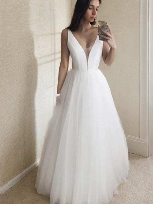 A-Line/Princess Tulle Ruffles V-neck Sleeveless Floor-Length Wedding Dresses Bridal Gowns