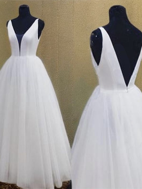 A-Line/Princess Tulle Ruffles V-neck Sleeveless Floor-Length Wedding Dresses Bridal Gowns