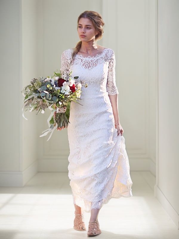 Sheath/Column Lace Bateau 1/2 Sleeves Sweep/Brush Train Wedding Dresses Bridal Gowns