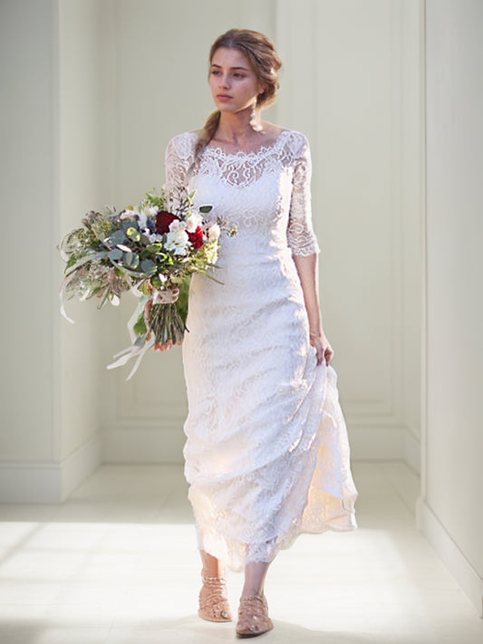 Sheath/Column Lace Bateau 1/2 Sleeves Sweep/Brush Train Wedding Dresses Bridal Gowns