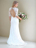 Sheath/Column Lace Bateau 1/2 Sleeves Sweep/Brush Train Wedding Dresses Bridal Gowns