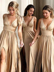 Vestido de dama de honor de jersey con volantes, corte A/princesa, sin mangas, escote en V, cola larga y corte en A, ideal para invitadas de boda.