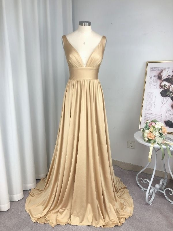 Vestido de dama de honor de jersey con volantes, corte A/princesa, sin mangas, escote en V, cola larga y corte en A, ideal para invitadas de boda.