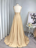 Vestido de dama de honor de jersey con volantes, corte A/princesa, sin mangas, escote en V, cola larga y corte en A, ideal para invitadas de boda.