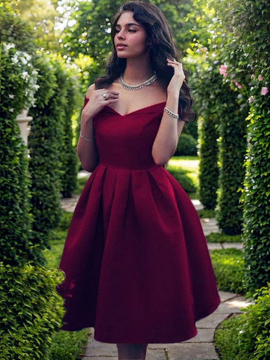 A-Line/Princess Satin Ruffles Off-the-Shoulder Sleeveless Knee-Length Homecoming Dresses