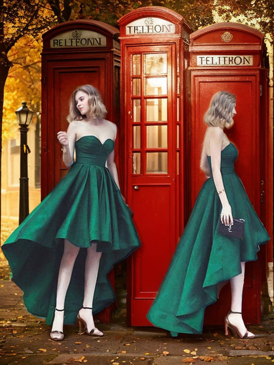 A-Line/Princess Satin Ruffles Sweetheart Sleeveless Asymmetrical Homecoming Dresses Prom High Low Dress