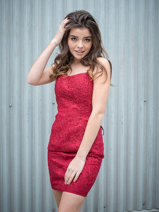 Sheath/Column Spaghetti Straps Sleeveless Lace Applique Short/Mini Dresses Cocktail Prom Dress