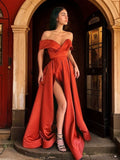 A-Line/Princess Satin Ruffles Off-the-Shoulder Sleeveless Sweep/Brush Train Evening Dresses Prom Dress