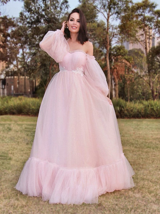 A-Line/Princess Long Sleeves Floor-Length Tulle Applique Off-the-Shoulder Dresses Prom Evening Dress