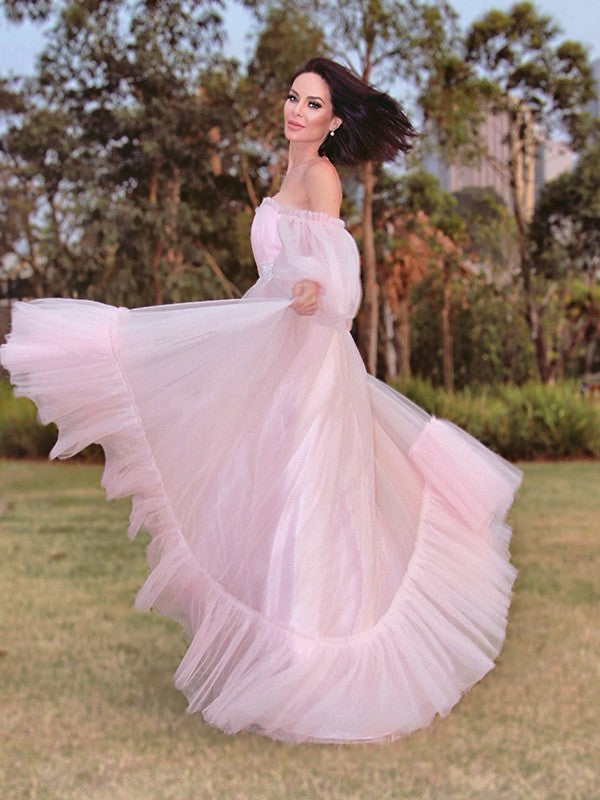 A-Line/Princess Long Sleeves Floor-Length Tulle Applique Off-the-Shoulder Dresses Prom Evening Dress