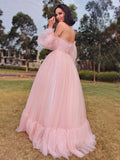 A-Line/Princess Long Sleeves Floor-Length Tulle Applique Off-the-Shoulder Dresses Prom Evening Dress
