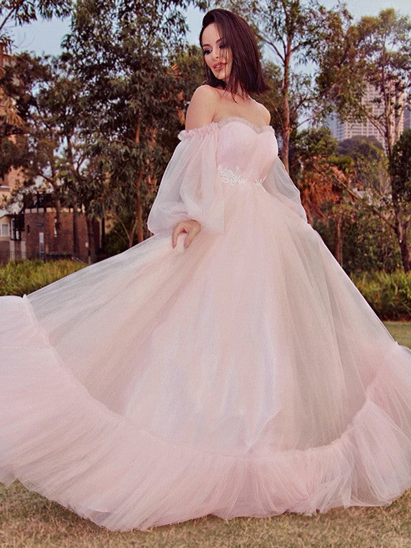 A-Line/Princess Long Sleeves Floor-Length Tulle Applique Off-the-Shoulder Dresses Prom Evening Dress