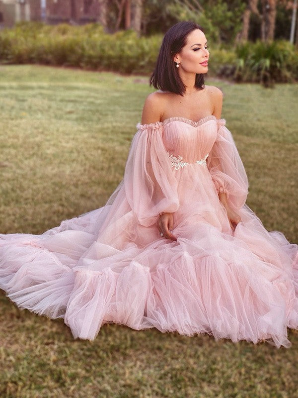 A-Line/Princess Long Sleeves Floor-Length Tulle Applique Off-the-Shoulder Dresses Prom Evening Dress