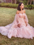 A-Line/Princess Long Sleeves Floor-Length Tulle Applique Off-the-Shoulder Dresses Prom Evening Dress