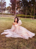 A-Line/Princess Long Sleeves Floor-Length Tulle Applique Off-the-Shoulder Dresses Prom Evening Dress