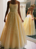 A-Line/Princess Tulle Applique Spaghetti Straps Sleeveless Floor-Length Evening Dresses Prom Dress