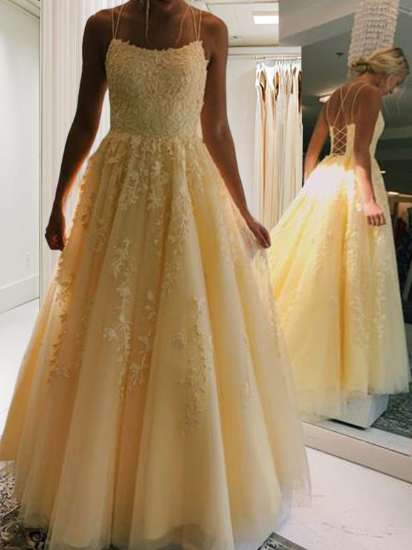 A-Line/Princess Tulle Applique Spaghetti Straps Sleeveless Floor-Length Evening Dresses Prom Dress