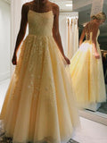 A-Line/Princess Tulle Applique Spaghetti Straps Sleeveless Floor-Length Evening Dresses Prom Dress