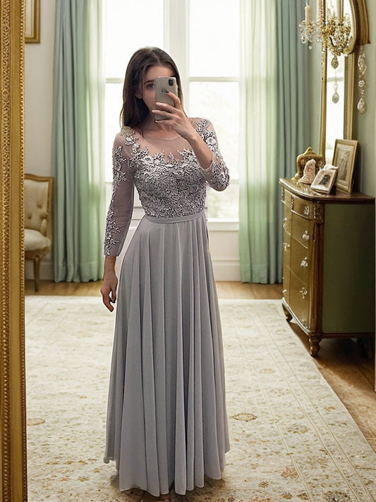 Vestido de noche de graduación con corte A/princesa, de gasa, con apliques, escote redondo, mangas largas y largo hasta el suelo