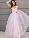 Vestido de noche de graduación con corte A/princesa, escote en V, sin mangas, apliques de tul, largo hasta el suelo