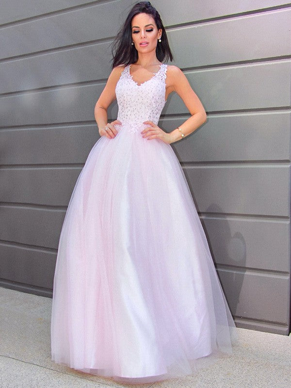Vestido de noche de graduación con corte A/princesa, escote en V, sin mangas, apliques de tul, largo hasta el suelo