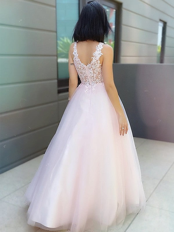 Vestido de noche de graduación con corte A/princesa, escote en V, sin mangas, apliques de tul, largo hasta el suelo