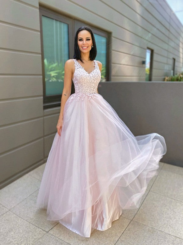 Vestido de noche de graduación con corte A/princesa, escote en V, sin mangas, apliques de tul, largo hasta el suelo