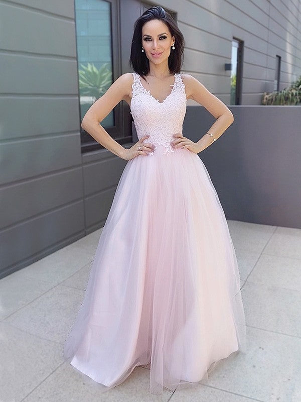 Vestido de noche de graduación con corte A/princesa, escote en V, sin mangas, apliques de tul, largo hasta el suelo