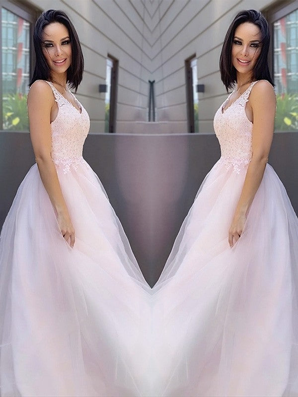 Vestido de noche de graduación con corte A/princesa, escote en V, sin mangas, apliques de tul, largo hasta el suelo