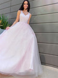 Vestido de noche de graduación con corte A/princesa, escote en V, sin mangas, apliques de tul, largo hasta el suelo