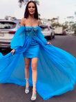 Vestido de noche de fiesta de corte A/princesa, de tul, con cuentas, hombros descubiertos, mangas largas y cola larga