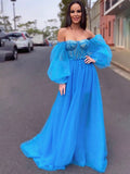 Vestido de noche de fiesta de corte A/princesa, de tul, con cuentas, hombros descubiertos, mangas largas y cola larga