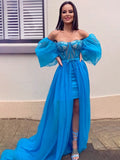 Vestido de noche de fiesta de corte A/princesa, de tul, con cuentas, hombros descubiertos, mangas largas y cola larga