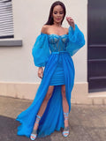Vestido de noche de fiesta de corte A/princesa, de tul, con cuentas, hombros descubiertos, mangas largas y cola larga