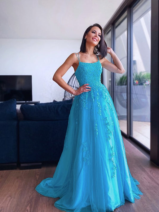 A-Line/Princess Spaghetti Straps Tulle Sleeveless Applique Sweep/Brush Train Dresses Prom Evening Dress