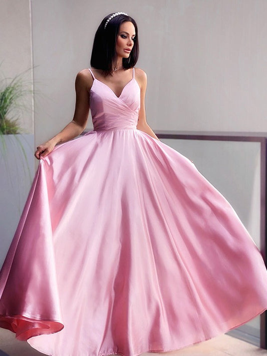 Vestido de noche de graduación con corte A/princesa, escote en V, satén fruncido, sin mangas y largo hasta el suelo