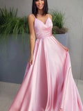 Vestido de noche de graduación con corte A/princesa, escote en V, satén fruncido, sin mangas y largo hasta el suelo