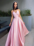 Vestido de noche de graduación con corte A/princesa, escote en V, satén fruncido, sin mangas y largo hasta el suelo